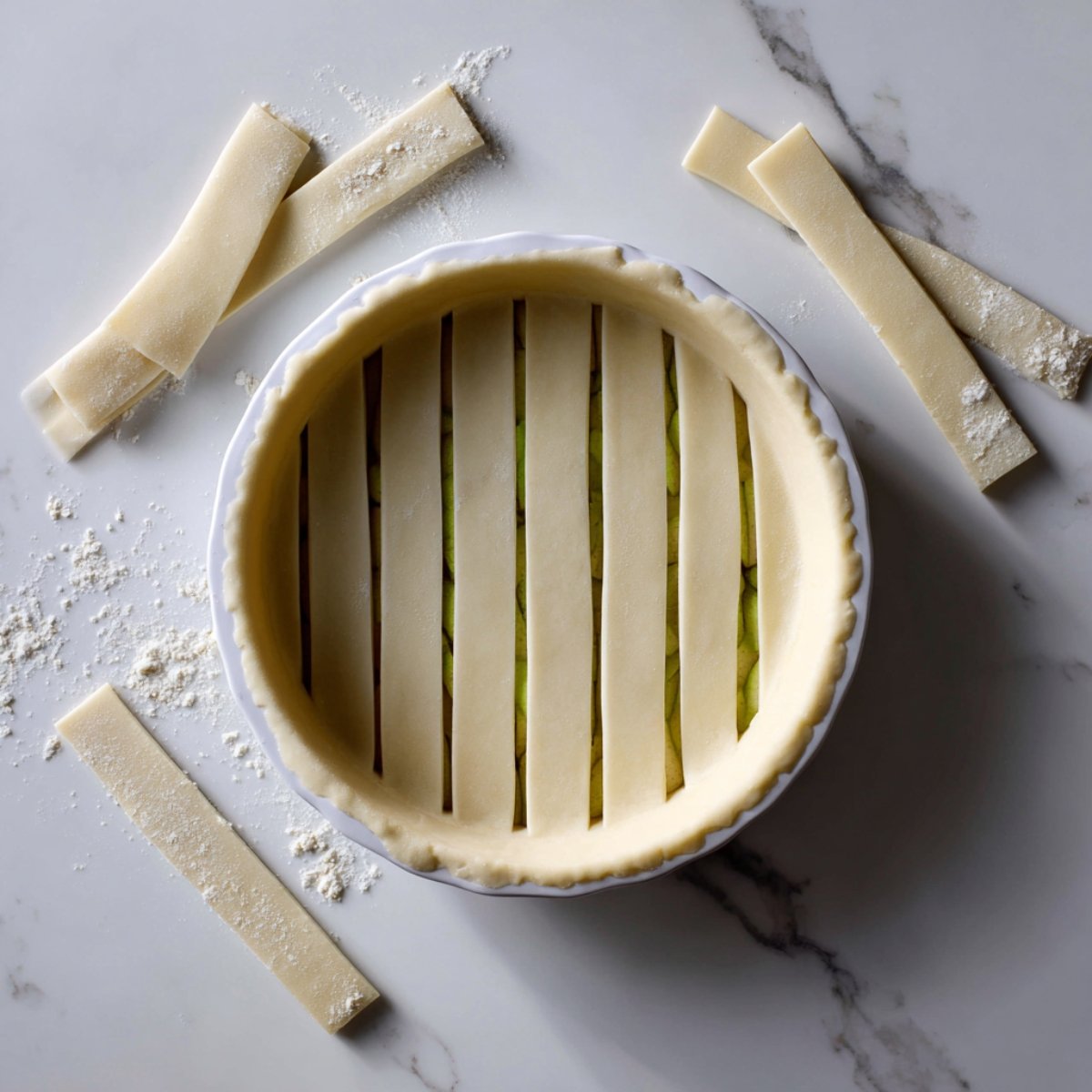 Overhead of a golden-brown lattice-topped apple pie resting in a red ceramic dish on a wire cooling rack over a marble countertop, the sugar-speckled crust crisp and flaky, with tender apple filling peeking through the woven pattern.