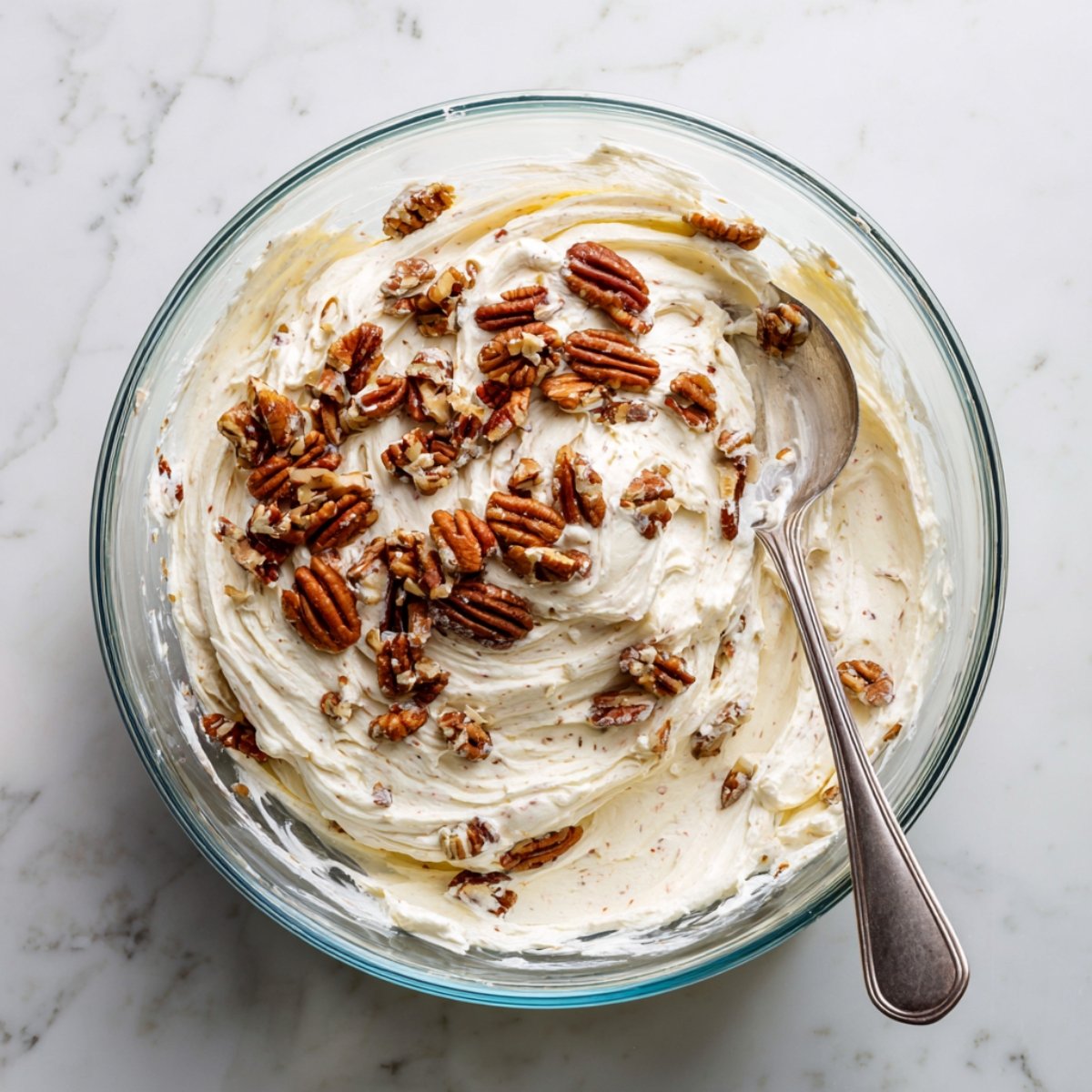 Top-down view of a clear glass bowl of swirled cream cheese frosting sprinkled with whole and chopped pecans, with a spoon at the side, on a white marble countertop.
