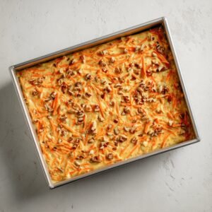 Angled overhead image of a rectangular metal baking pan entirely filled with unbaked carrot cake batter, showing visible shreds of carrot and pecan pieces on the surface.