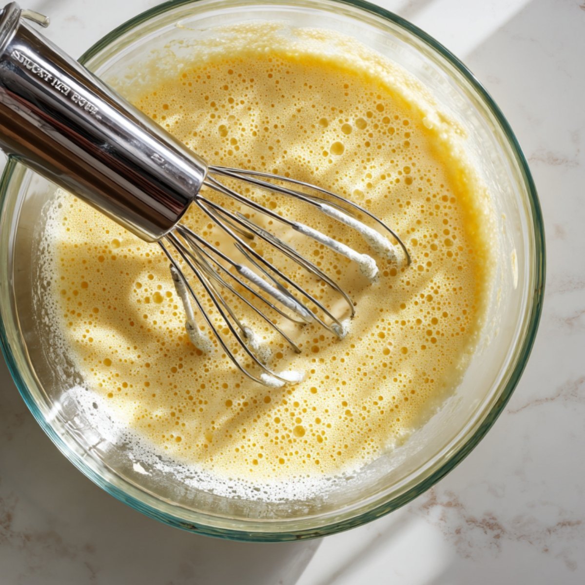 Top-down view of a glass bowl with frothy pale-yellow batter and metal mixer whisk inside, cast with soft window-pane shadows on a white marble countertop.