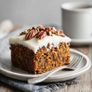 Side-angle close-up of a perfect square slice of carrot cake topped with thick cream cheese frosting and pecans, served on a small white plate with a fork and blurred coffee cup in the backgr