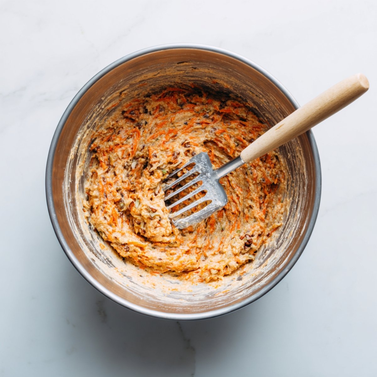 Overhead shot of a stainless steel mixing bowl filled with carrot cake batter studded with shredded carrots and chopped nuts, with a wooden-handled spatula resting inside on a white surface.