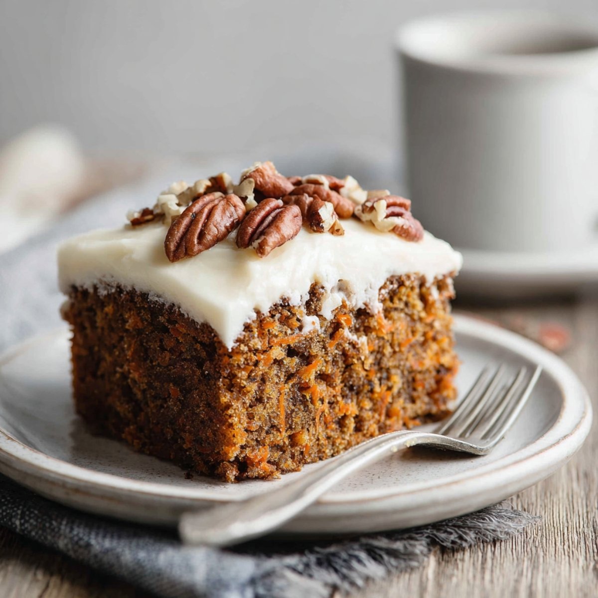 Side-angle close-up of a perfect square slice of carrot cake topped with thick cream cheese frosting and pecans, served on a small white plate with a fork and blurred coffee cup in the backgr