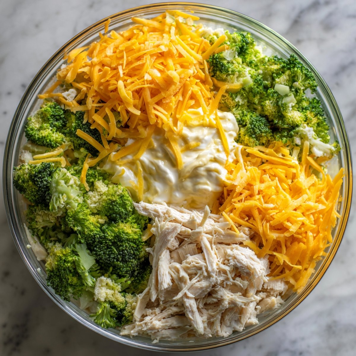 A bowl filled with broccoli florets, shredded chicken, mayonnaise, and shredded cheddar cheese, arranged in a colorful mixture ready to be mixed.