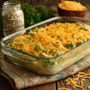 A glass baking dish filled with a broccoli chicken casserole, topped with melted cheese and a sprinkle of parsley, sitting on a rustic cloth with shredded cheese in the background.