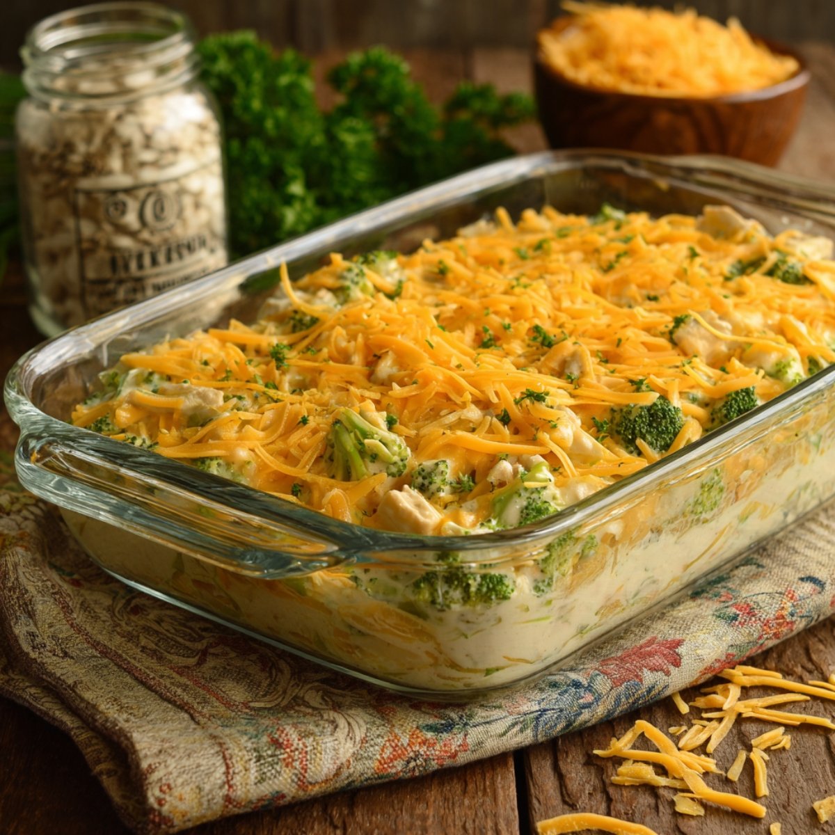 A glass baking dish filled with a broccoli chicken casserole, topped with melted cheese and a sprinkle of parsley, sitting on a rustic cloth with shredded cheese in the background.