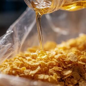 A close-up shot of melted butter being poured over a layer of cornflakes, with the butter cascading down in a smooth stream, preparing for the dish's final touch.