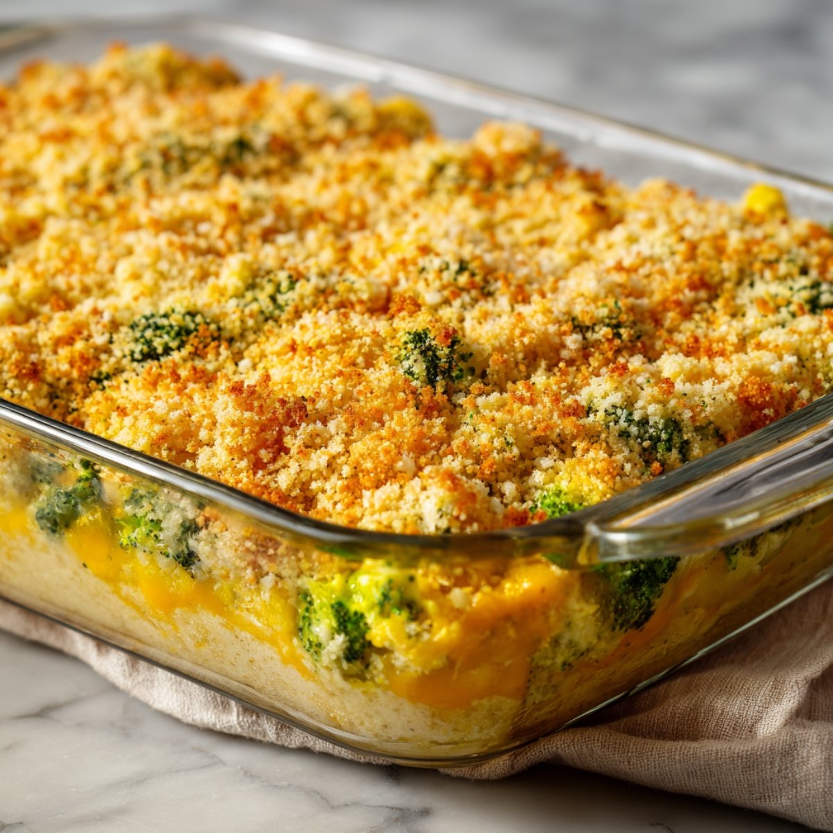 A glass baking dish filled with a perfectly baked broccoli chicken casserole, topped with golden breadcrumbs and melted cheese, looking deliciously crisp on top.