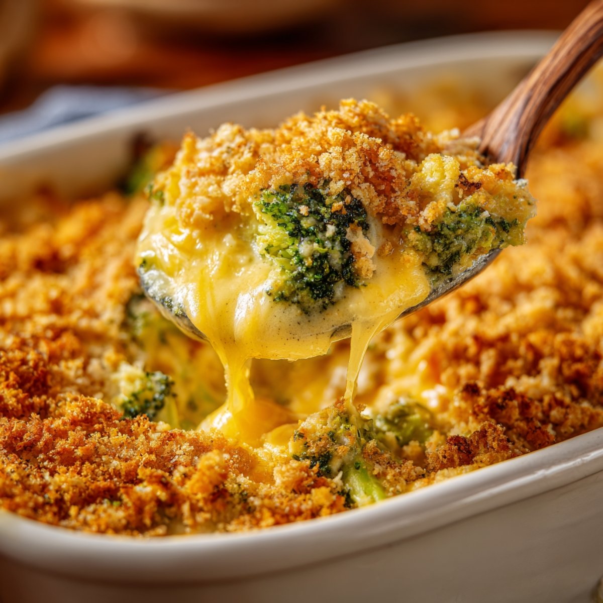A close-up view of a creamy broccoli chicken casserole, with cheese oozing out as a spoon is lifting some from the dish, revealing its creamy and cheesy interior.