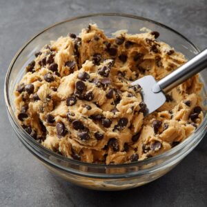 A glass mixing bowl filled with thick chocolate chip cookie dough, with chocolate chips scattered throughout the dough, ready to be scooped.