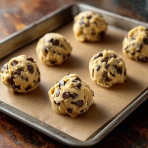 A baking sheet with six round scoops of chocolate chip cookie dough, placed neatly on parchment paper, awaiting baking.