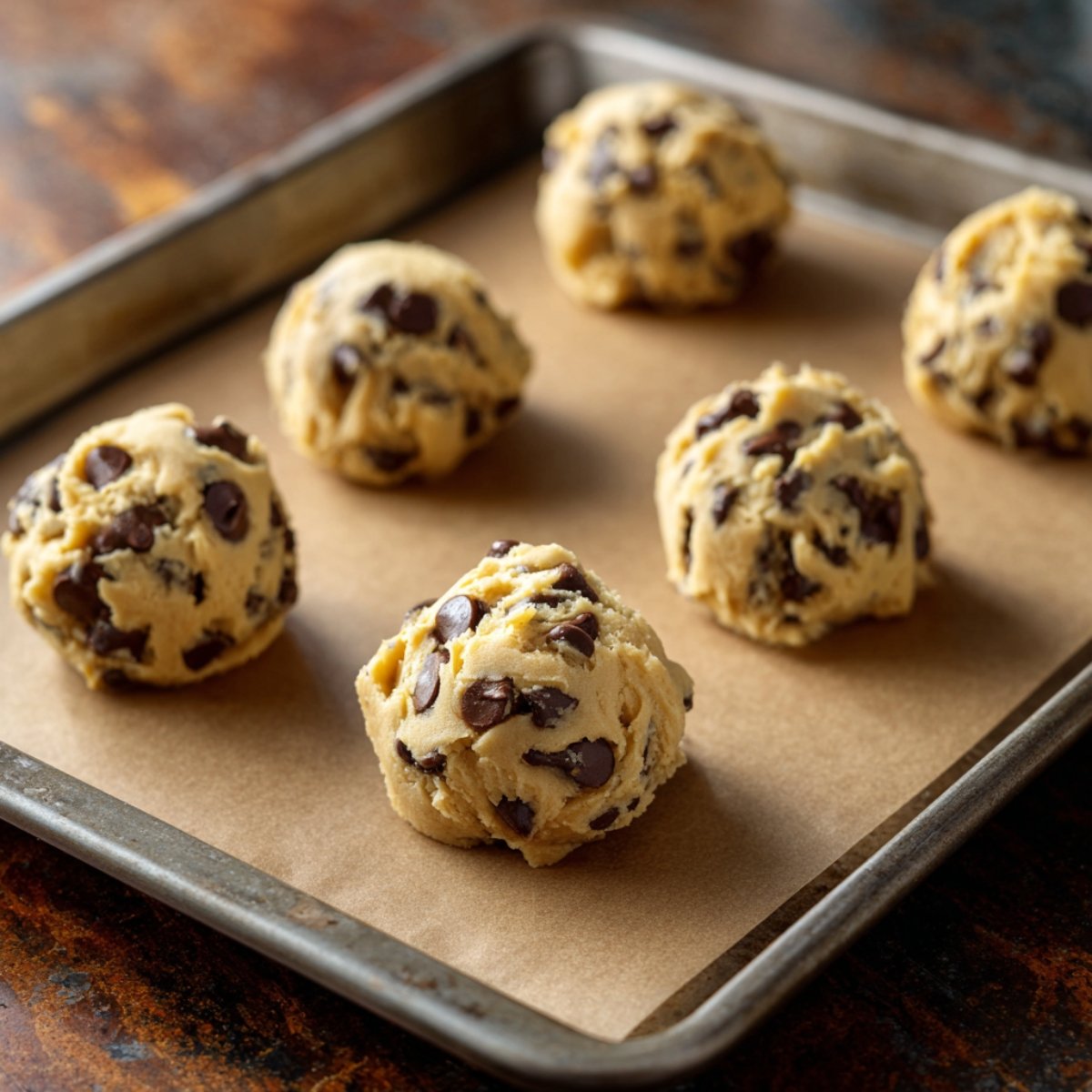 A baking sheet with six round scoops of chocolate chip cookie dough, placed neatly on parchment paper, awaiting baking.