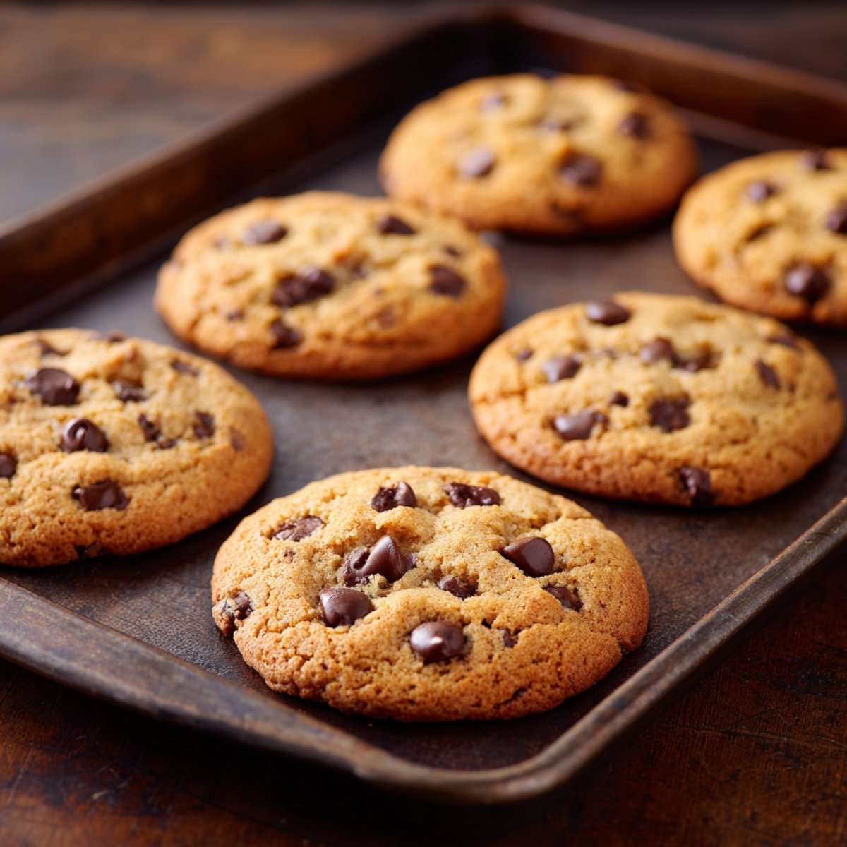 A baking sheet with six freshly baked chocolate chip cookies, golden brown with chocolate chips visible on the surface.