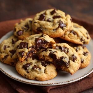 A plate full of freshly baked chocolate chip cookies, stacked and slightly broken to show gooey chocolate inside.