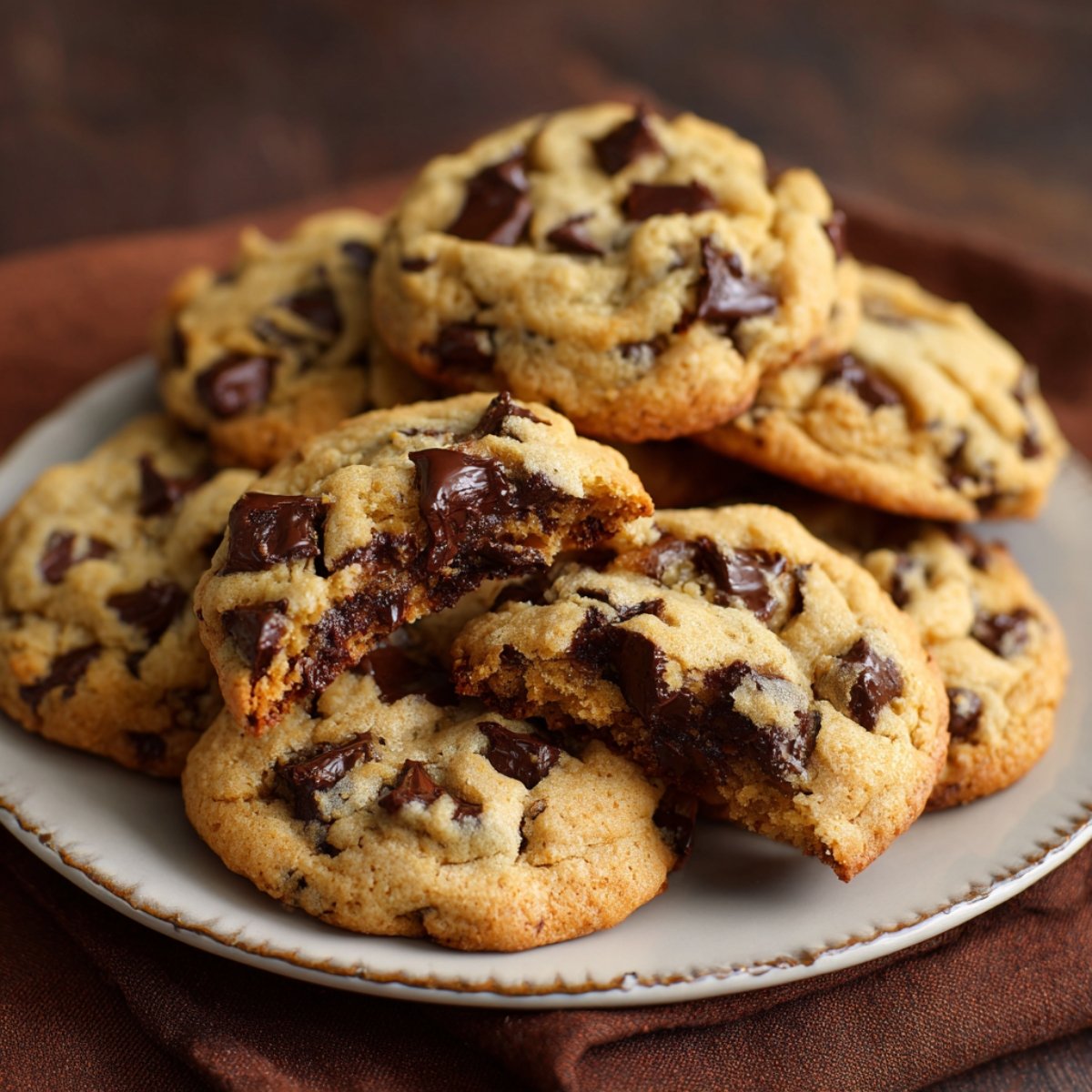 A plate full of freshly baked chocolate chip cookies, stacked and slightly broken to show gooey chocolate inside.