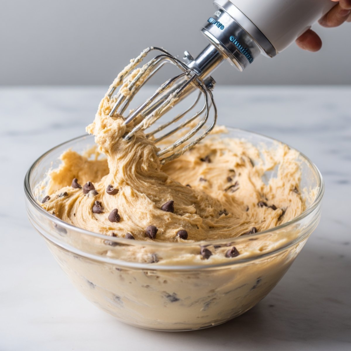 A hand mixer is in action, beating chocolate chip cookie dough in a glass bowl. The dough is creamy and filled with chocolate chips.