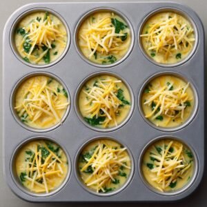 A 12-cup muffin pan fresh from the oven, each well holding a golden-topped egg bite studded with wilted spinach and lightly browned edges