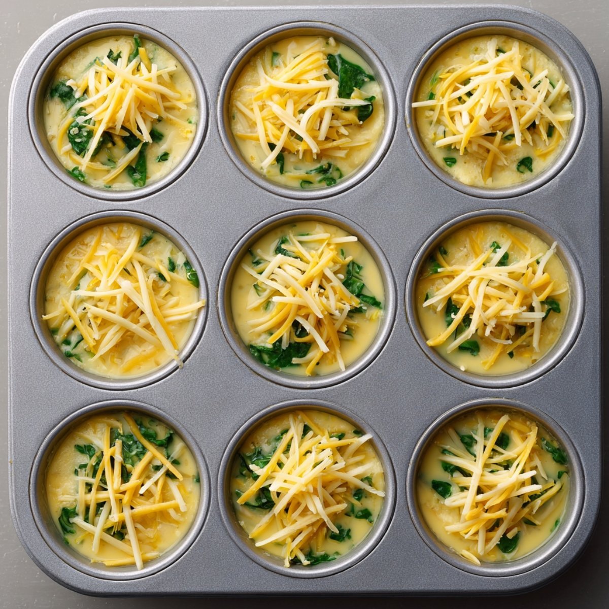 A 12-cup muffin pan fresh from the oven, each well holding a golden-topped egg bite studded with wilted spinach and lightly browned edges