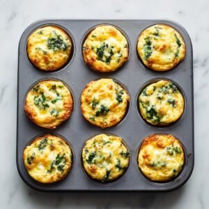 A 12-cup metal muffin tin on a marble surface, each cup filled with pale yellow egg batter mixed with spinach and topped with shredded cheddar cheese