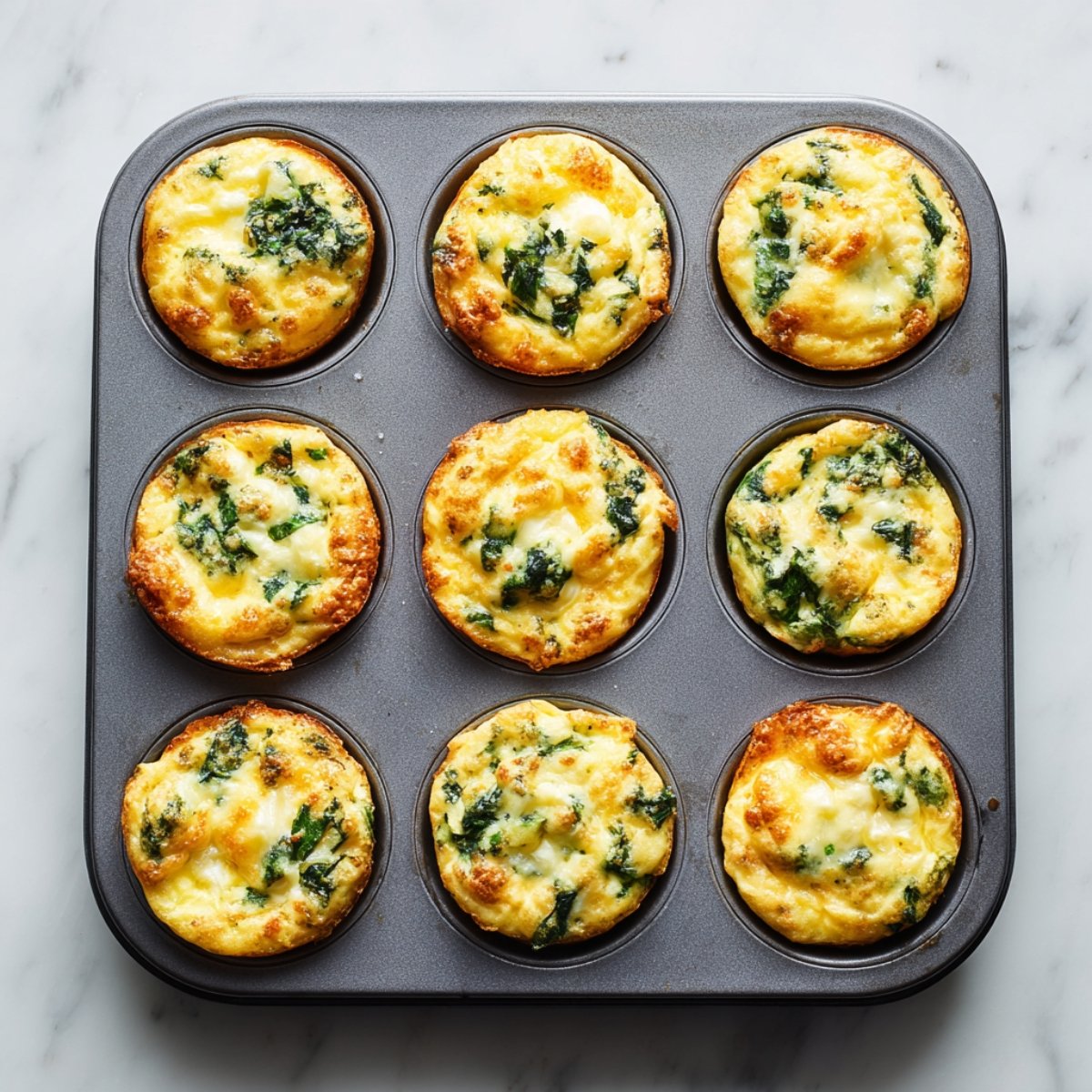 A 12-cup metal muffin tin on a marble surface, each cup filled with pale yellow egg batter mixed with spinach and topped with shredded cheddar cheese