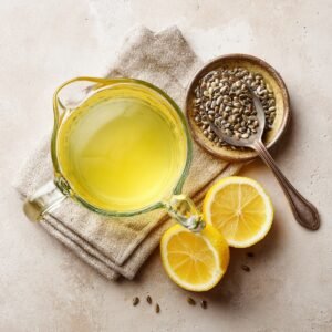 Top-down shot of a glass measuring cup holding freshly squeezed lemon juice beside a small dish of lemon seeds and a slotted spoon full of seeds, all on a light cloth.