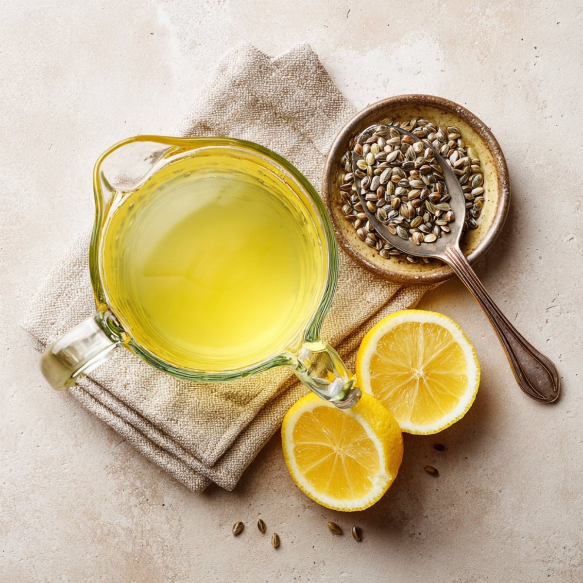 Top-down shot of a glass measuring cup holding freshly squeezed lemon juice beside a small dish of lemon seeds and a slotted spoon full of seeds, all on a light cloth.