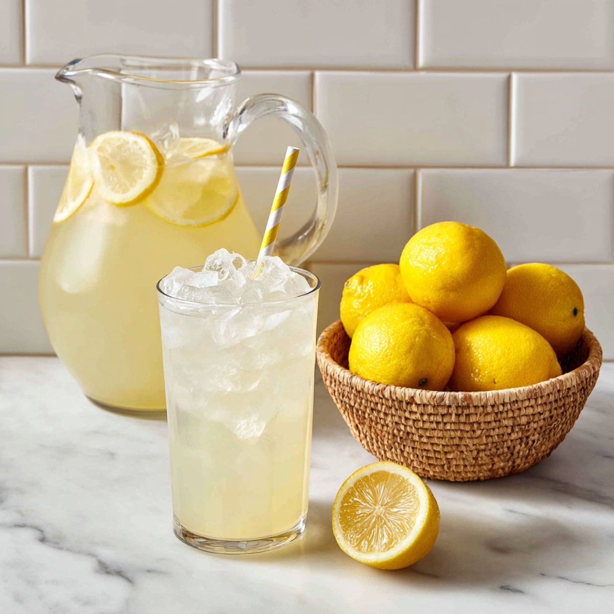 A clear glass pitcher of lemonade with floating lemon slices, next to a tall ice-filled glass with a yellow-white striped paper straw, and a woven bowl piled with fresh lemons on a marble countertop against subway-tile backsplash.