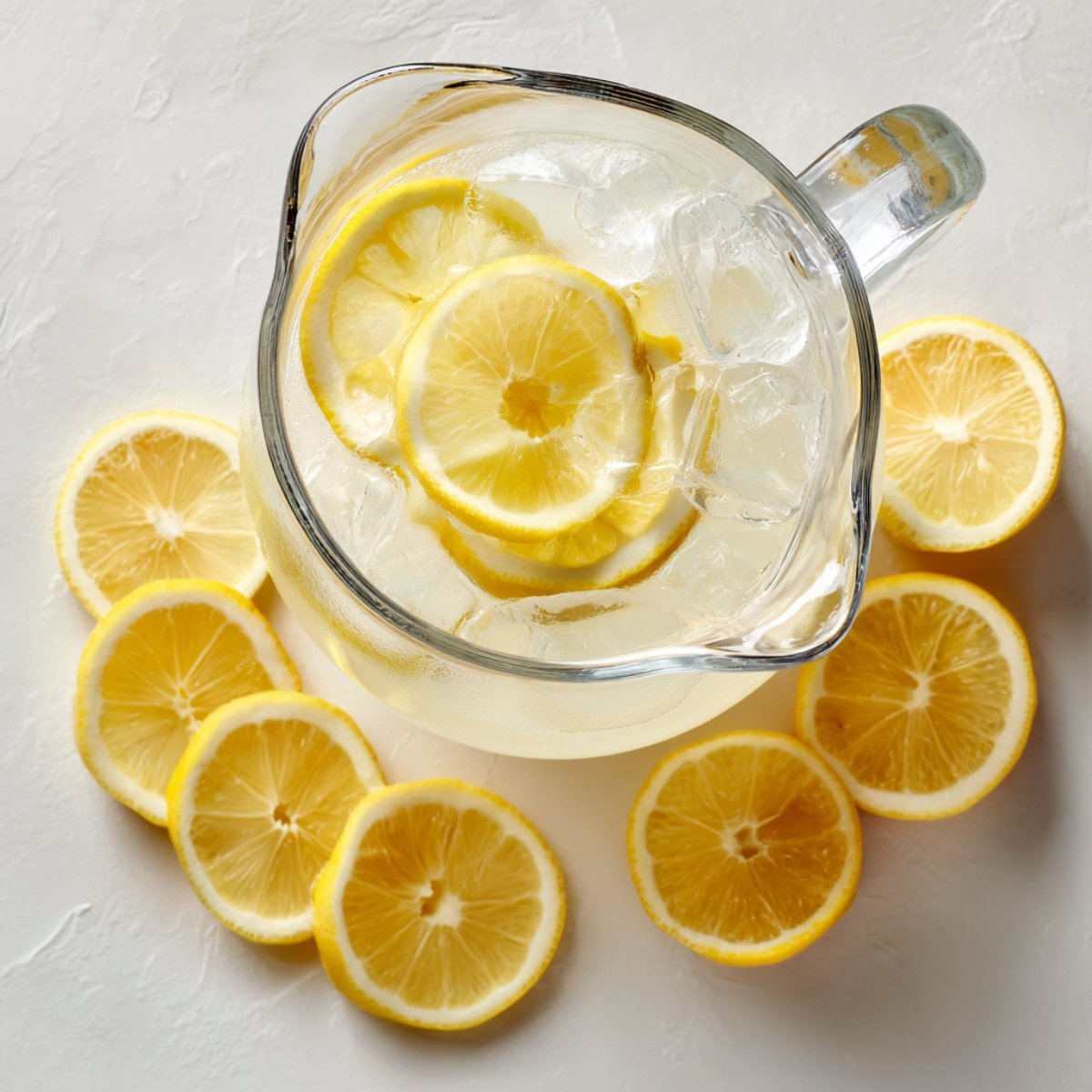 Overhead view of a glass pitcher filled with ice and lemonade, lemon slices floating inside, surrounded by a neat semi-circle of lemon rounds on a white textured surface.