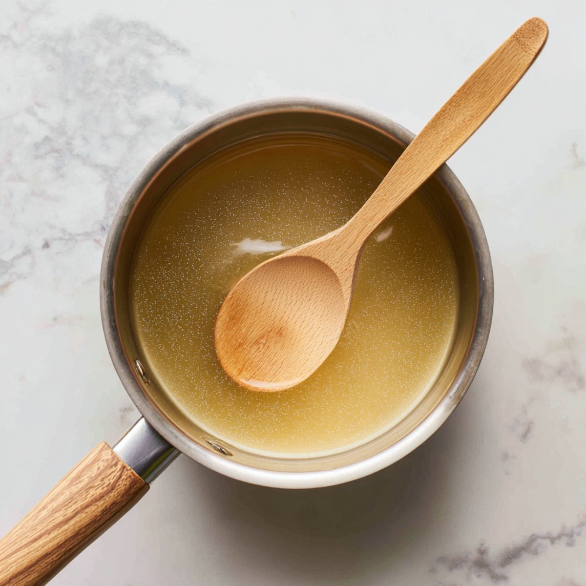 Overhead view of a saucepan on a marble counter, containing golden simple syrup being stirred by a wooden spoon until fully dissolved.