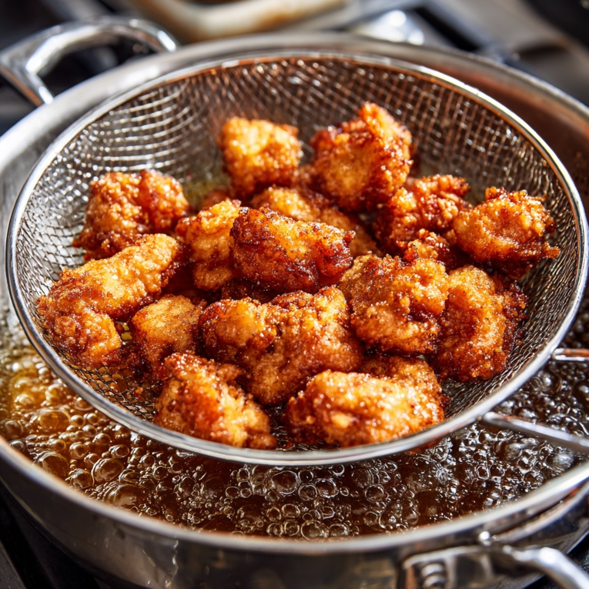 A wire skimmer holding golden-brown, bite-sized chicken pieces as they bubble in hot oil below; the chicken has a craggy, crispy crust and each piece looks freshly fried.
