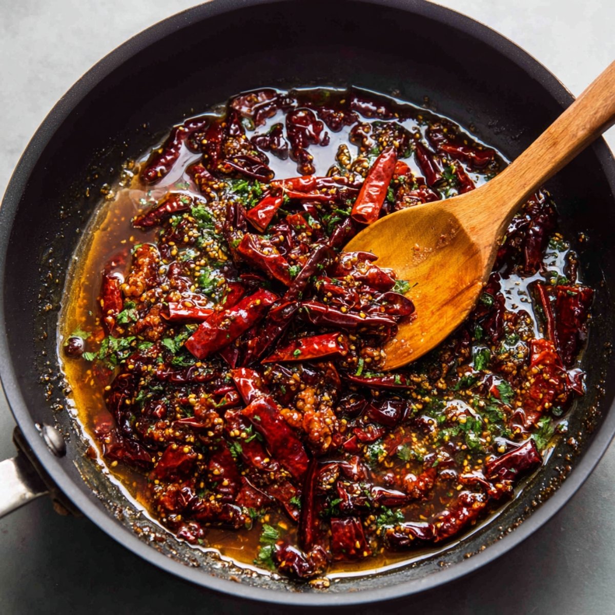 A bright marble countertop displaying small ceramic bowls of fresh orange juice, grated orange zest, soy sauce, granulated sugar, olive oil, minced garlic, red pepper flakes, sesame seeds, thinly sliced scallion greens, whole garlic bulb, and a knob of ginger, all neatly arranged in a flat lay.