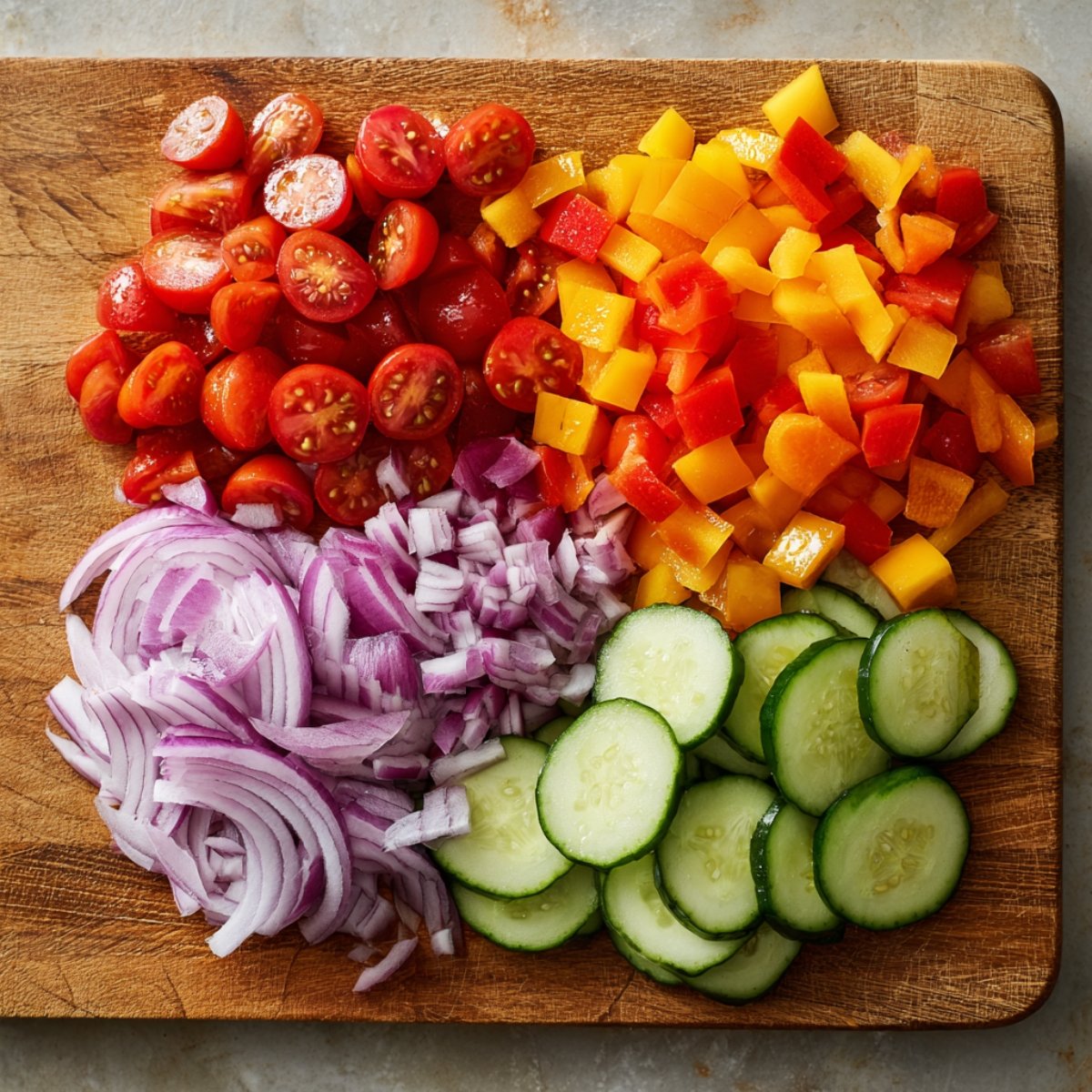 Close-up of a glass measuring cup pouring vinaigrette over chopped vegetables in a large white bowl, oil droplets glistening as they fall.