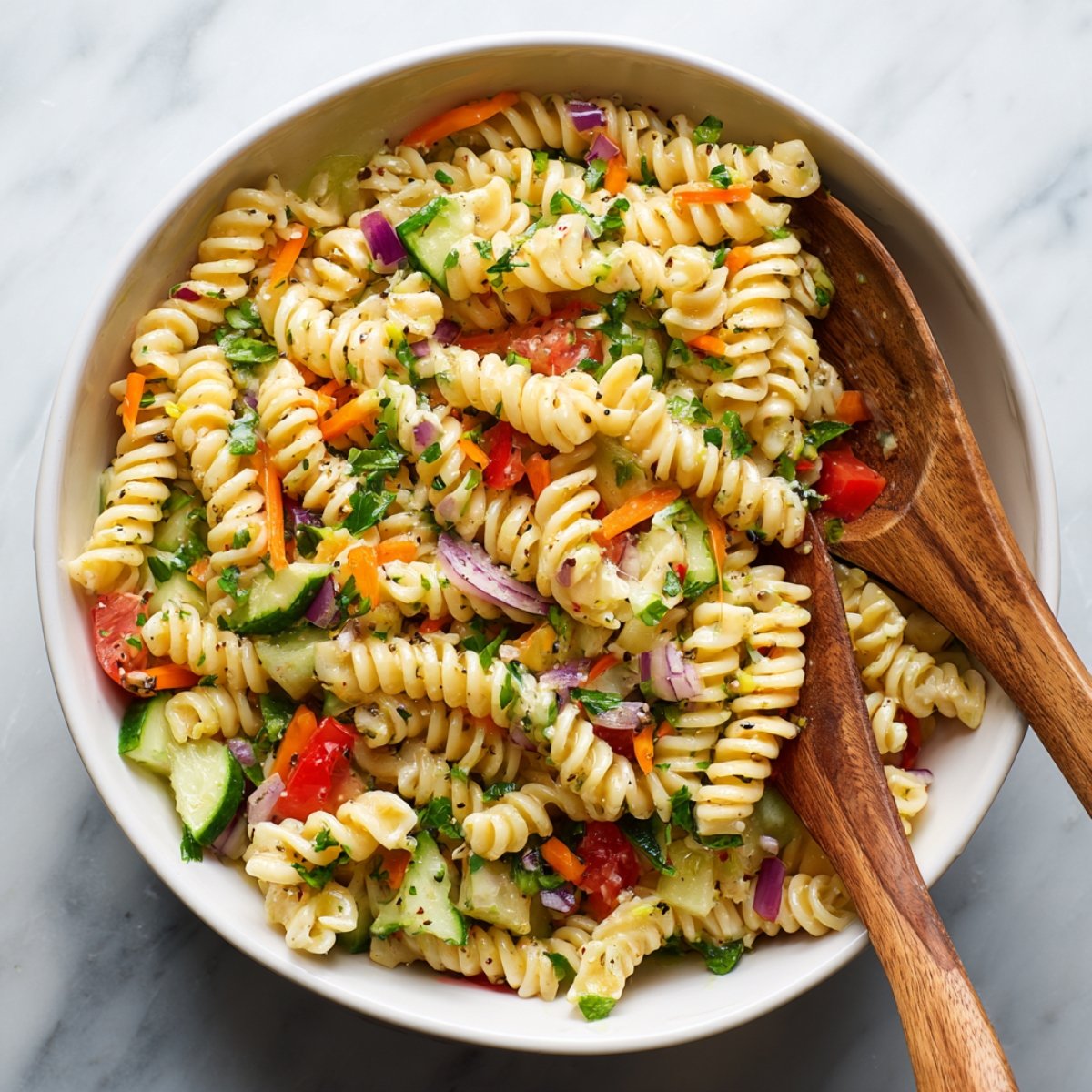 Top-down shot of two wooden salad spoons stirring rotini pasta salad—cucumber, tomatoes, and peppers swirling together in a white bowl.