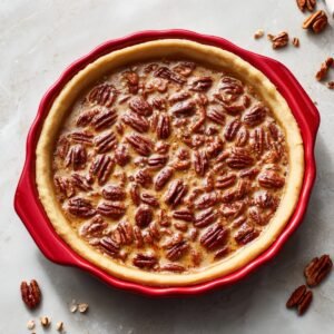 A top-down view of a pie pan filled with raw pecan filling—light brown custard studded with whole pecan halves—ready to go into the oven, on a neutral stone surface.