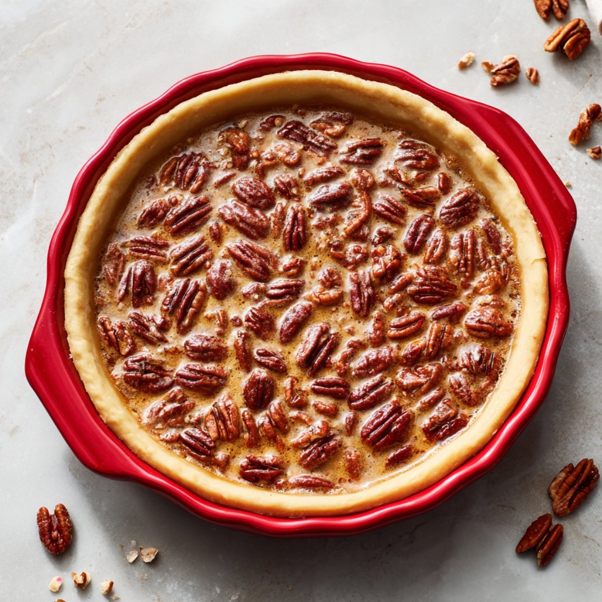 A top-down view of a pie pan filled with raw pecan filling—light brown custard studded with whole pecan halves—ready to go into the oven, on a neutral stone surface.