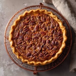 A freshly baked pecan pie with a crimped golden crust and evenly arranged pecan halves, cooling on a round copper wire rack over a light, textured countertop.