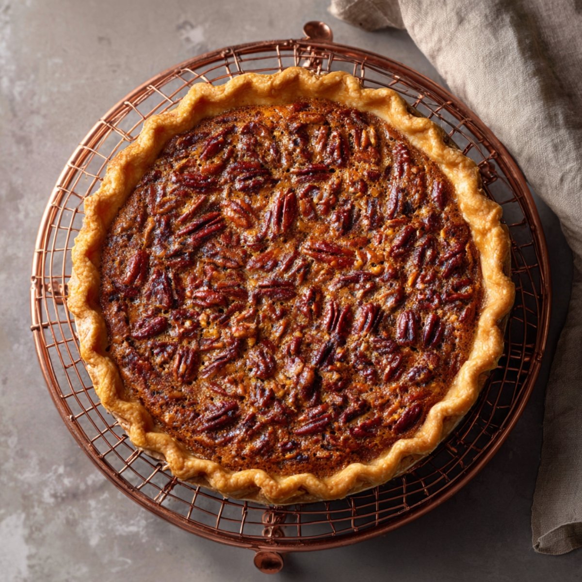 A freshly baked pecan pie with a crimped golden crust and evenly arranged pecan halves, cooling on a round copper wire rack over a light, textured countertop.