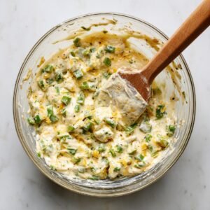 Overhead shot of the same white crock layer-filled with buffalo chicken dip, completely covered by a uniform layer of finely crushed cracker crumbs, ready for baking, with extra crumbs in a glass bowl at the top edge.