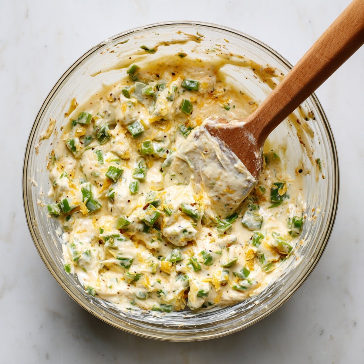 Overhead shot of the same white crock layer-filled with buffalo chicken dip, completely covered by a uniform layer of finely crushed cracker crumbs, ready for baking, with extra crumbs in a glass bowl at the top edge.
