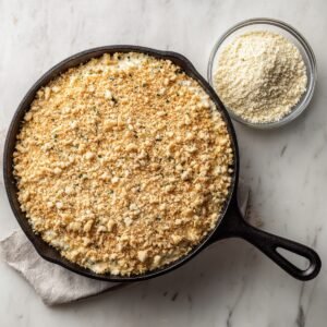 Bird’s-eye view of a white ceramic crock on a marble countertop, filled with hot buffalo chicken dip swirled into peaks of melted cheese and cream, edges lightly browned.