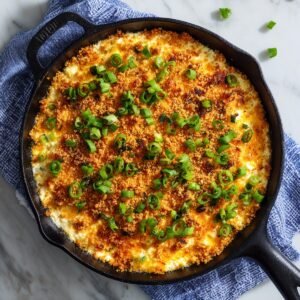 A pale blue ceramic bowl of creamy, orange-hued buffalo chicken dip topped with melted cheddar, set on a round white platter with square crackers and celery sticks. A hand reaches in with a cracker scoop, and two turquoise glasses and a folded napkin sit nearby.