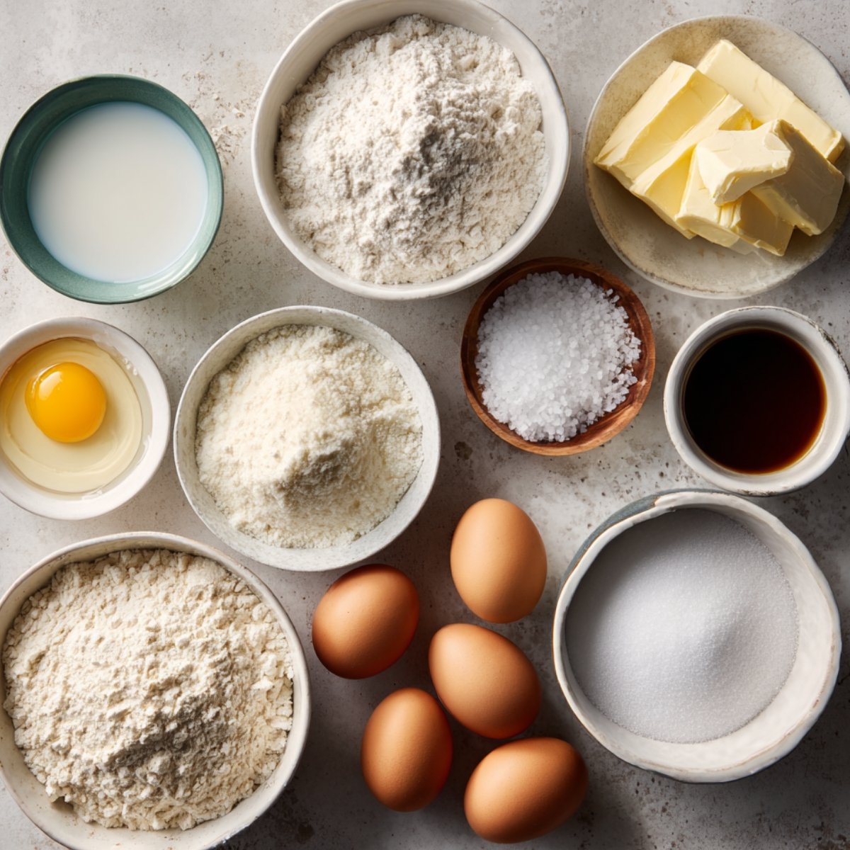 Overhead shot of dough-making essentials: bowls of all-purpose flour, almond flour, granulated sugar, a single cracked egg, a small dish of vanilla extract, a bowl of butter sticks, and scattered whole eggs on a neutral surface.