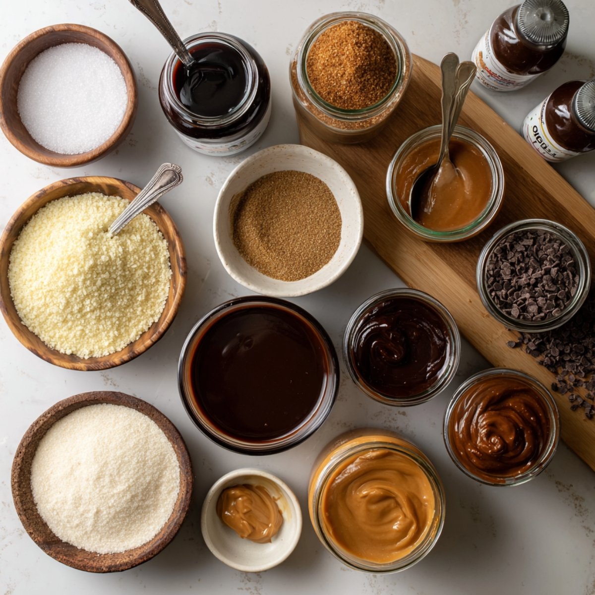 A flat lay of assorted coating and filling ingredients: a wooden board and bowls filled with granulated sugar, brown sugar, creamy caramel spread, glossy dark chocolate sauce, mini chocolate chips, and jars of specialty sauces, all arranged on a white countertop.