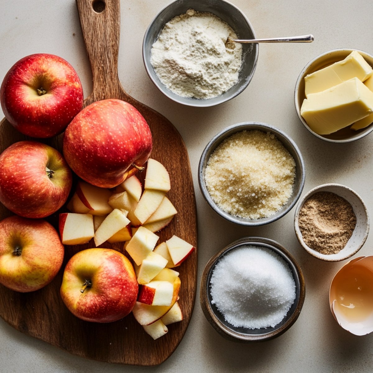 Overhead shot of a light countertop with pie filling components: a wooden board topped with whole and diced Granny Smith and Honeycrisp apples; small bowls of brown sugar, white sugar, all-purpose flour, and fresh lemon juice; a dish of ground cinnamon and nutmeg; and scattered butter pieces and a pinch of salt