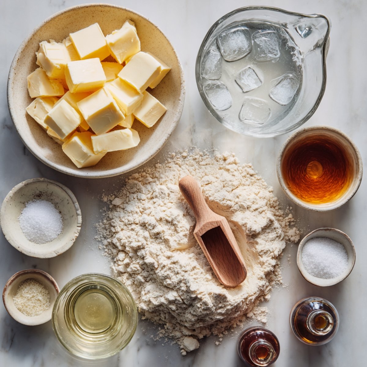Overhead view of a floured marble countertop displaying crust ingredients: a heap of all-purpose flour with a wooden scoop nestled in it; a bowl piled with cold, cubed unsalted butter; a glass measuring cup filled with ice water; and small bowls holding granulated sugar, coarse salt, vanilla extract, and apple cider vinegar.