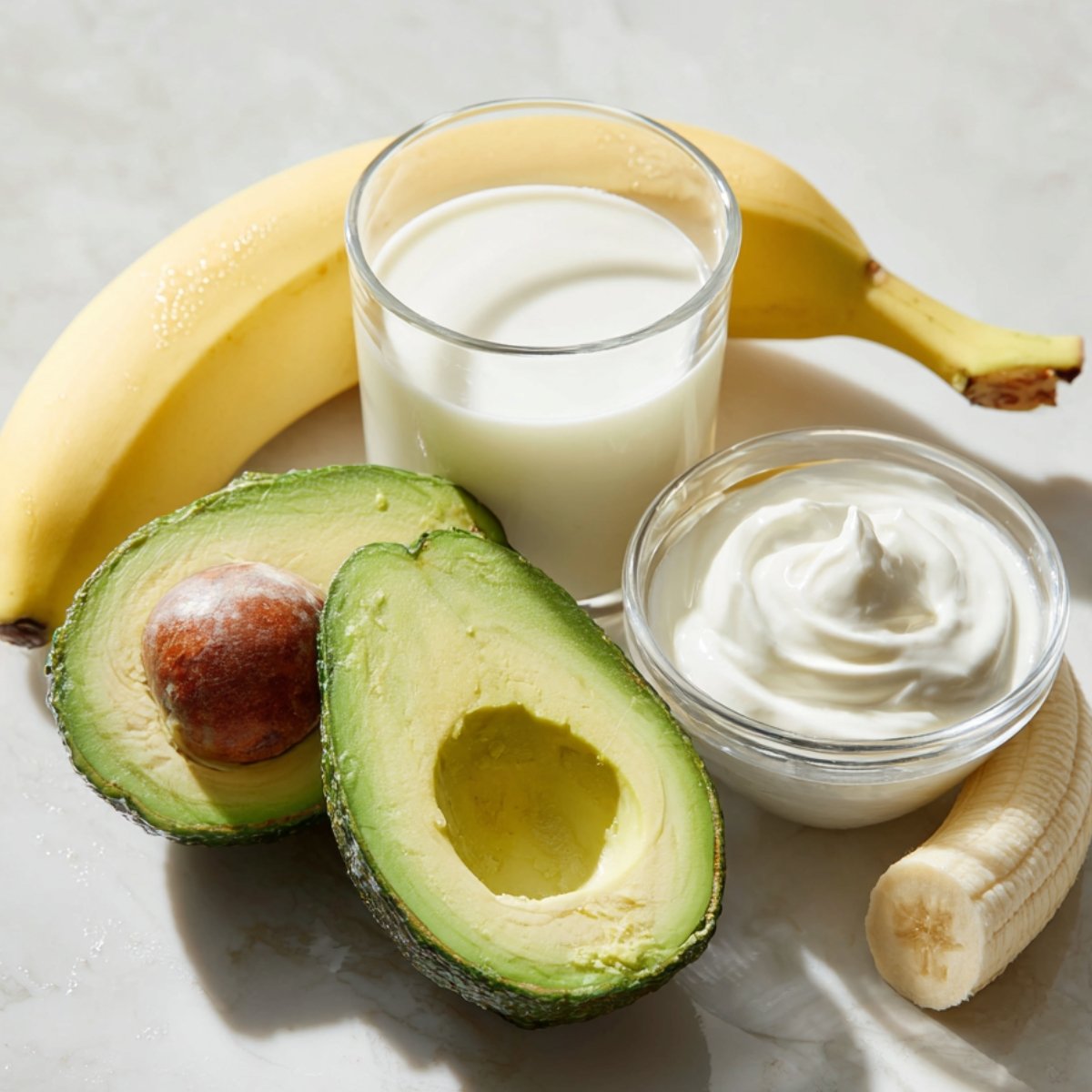 Marble tabletop close‑up of avocado smoothie base: two ripe avocado halves (one with pit), peeled banana segment, glass of milk, and small bowl of Greek yogurt.