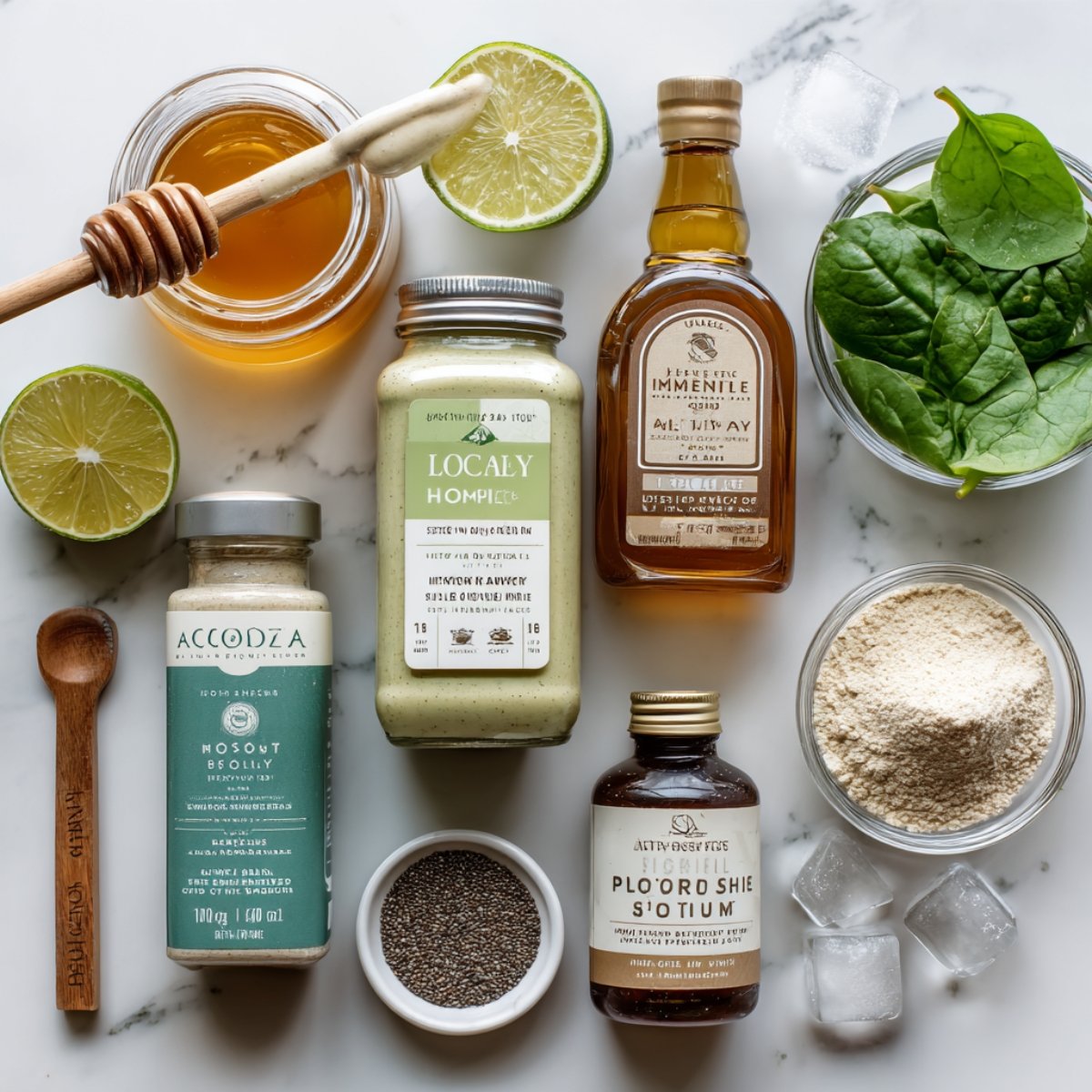 Top‑down view on a marble countertop of avocado smoothie ingredients: a jar of honey with dipper, halved limes, a bottle of maple syrup, a small bowl of spinach leaves, a ramekin of sea salt, a dish of chia seeds, protein powder in a glass bowl, wooden spoon, and ice cubes.