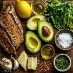 Top-down view of ingredients on a wooden board: two halves of ripe avocado, a loaf of seeded artisan bread, a whole lemon, a small bowl of olive oil, a pile of flaky sea salt, a garlic bulb with cloves, red pepper flakes, and a dish of chopped fresh herbs.