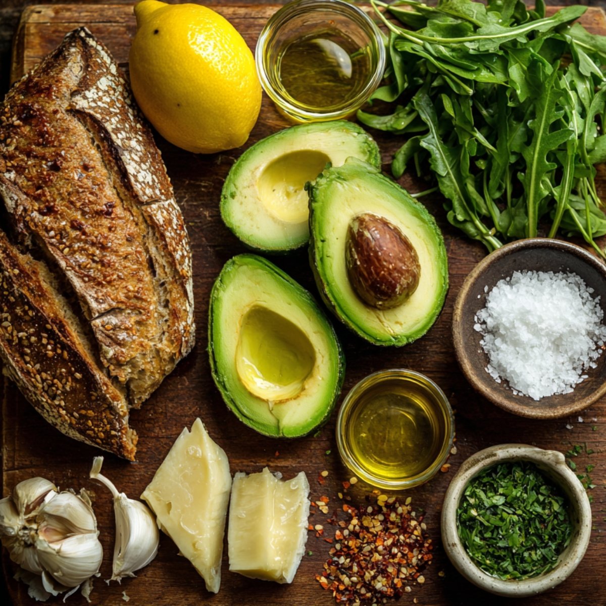 Top-down view of ingredients on a wooden board: two halves of ripe avocado, a loaf of seeded artisan bread, a whole lemon, a small bowl of olive oil, a pile of flaky sea salt, a garlic bulb with cloves, red pepper flakes, and a dish of chopped fresh herbs.