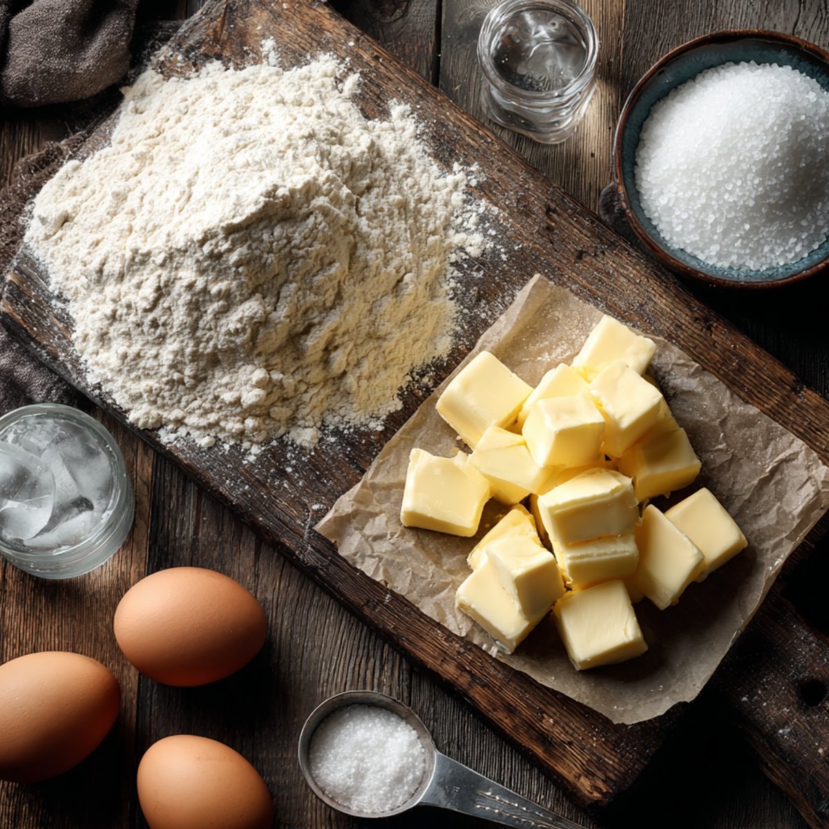 Overhead view of a rustic wooden board dusted with all-purpose flour and granulated sugar. To the right, a small bowl piled high with coarse sugar sits next to neatly cubed pieces of cold unsalted butter on parchment. In the top center is a small glass of ice water; in the bottom left, three brown eggs rest on the table. A metal measuring spoon holding a pinch of salt lies in the lower right corner